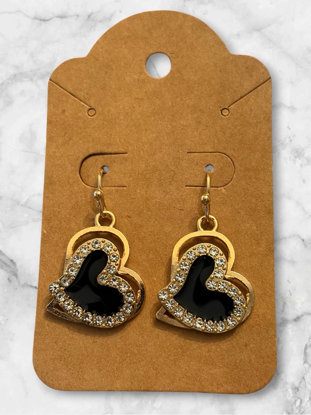 Gold Heart Drop Earrings with Black Center and Crystals